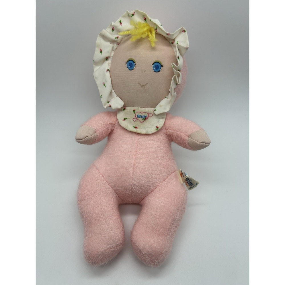 Vintage 1980 AmToy Pink Plush Rag Doll Soft Terry Cloth Baby Doll Blue Eyes 11"
